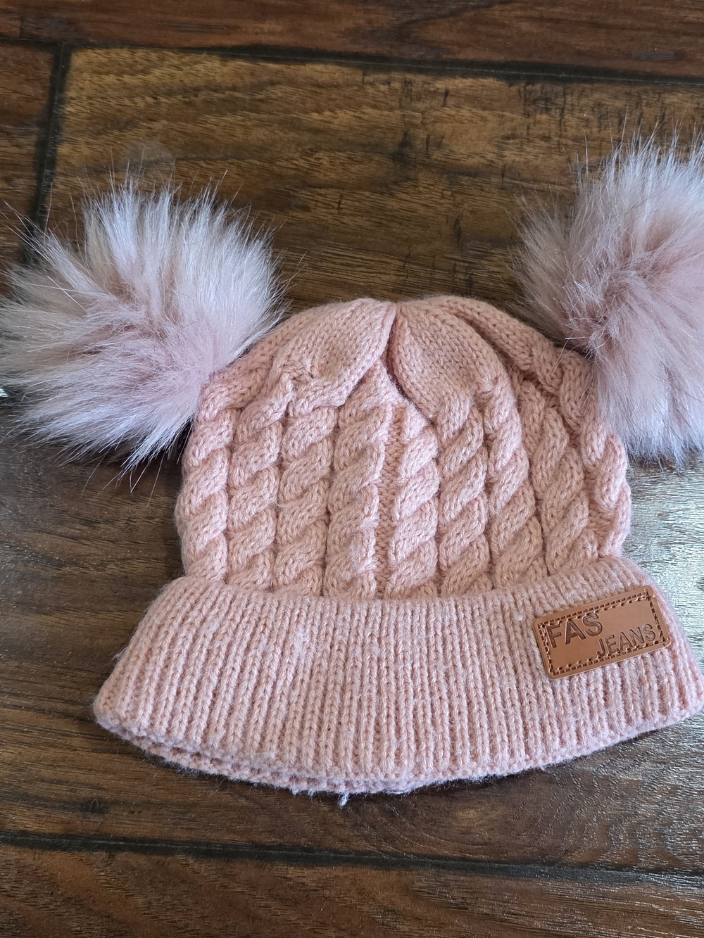 Kids Pink Cable-Knit Beanie with Double Faux-Fur Poms
